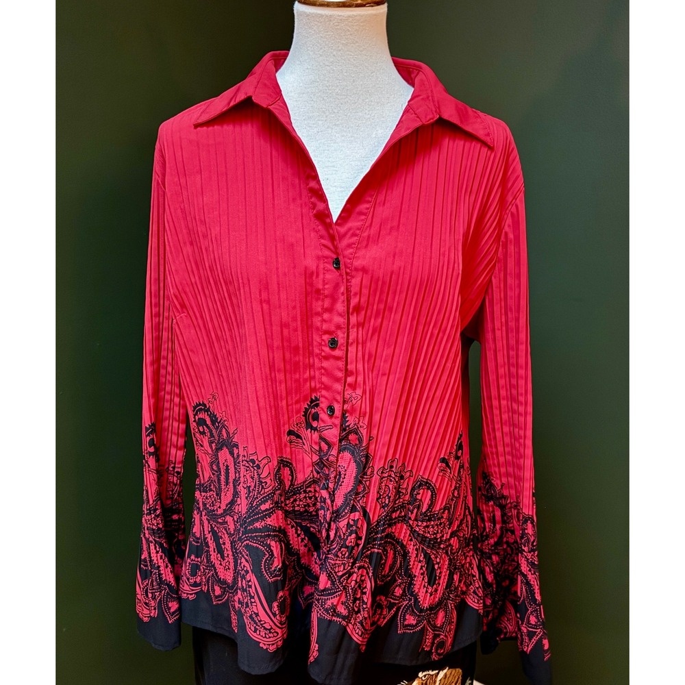 VTG Fred David Stretch Red Paisley Print Pleated Long Sleeve Blouse Women's XL